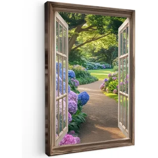 MuchoWow Leinwandbild Aussicht - Garten - Fenster - Hortensie - Blumen Wanddeko Schlafzimmer 60x90 cm , Pastellblau , Textil , Kiefer , Abstrakt , Rechteckig , 60x90 cm , FSC 100% , gerahmt , Bilder & Rahmen, Bilder, Leinwandbilder