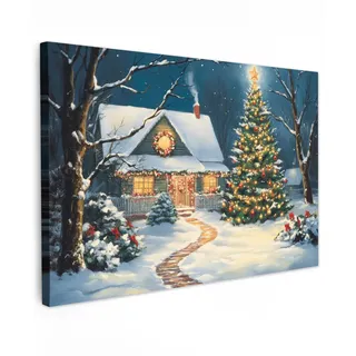 MuchoWow Leinwandbild Weihnachten - Weihnachtsbaum - Winter - Zuhause - Schnee Wanddeko 90x60 cm , Textil , Rechteckig , 90x60 cm , FSC 100% , gerahmt , Bilder & Rahmen, Bilder, Leinwandbilder
