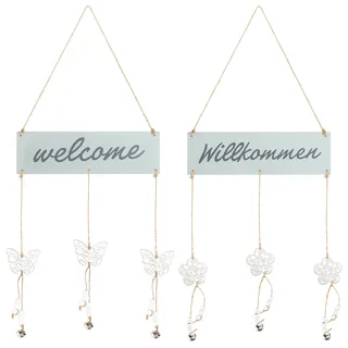 com-four® 2x Türanhänger "Willkommen" und "Welcome" mit hängenden Blumen und Schmetterlingen - Türschilder aus Holz - Aufhänger zur Frühlingszeit, Ostern und Sommer (02 Stück - mint)