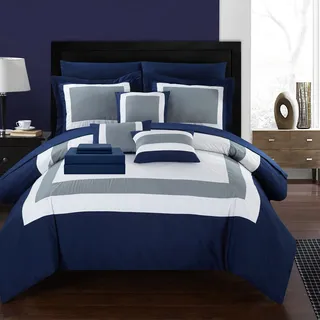 Chic Home Duke 10-teiliges Bettwäscheset, komplettes Bett in Einer Tasche, Farbblock-Muster, Bettwäsche mit Bettlaken-Set und dekorativen Kissen, Kissenbezüge enthalten, Queen Navy