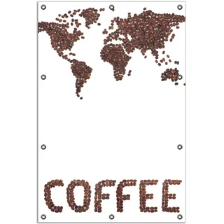 Wallario Outdoor-Poster für Garten oder Balkon, Motiv Weltkarte mit Schriftzug aus Kaffeebohnen, in ca. 80 x 120 cm - Weiß