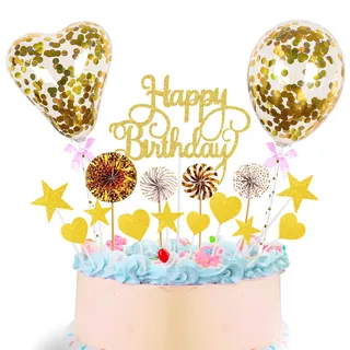 VYZUTR Tortendeko Gold 17 Stück, Happy Birthday Kuchendeko Geburtstag Mädchen, Cake Topper Gold, Papierfächer Sterne Herz Cupcake Tortenstecker, Geburtstags‐Dekorset für Kuchen‐ und Feierdekoration