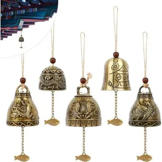 Unyqoos® Feng Shui Windspiel, 5‐teilig – Segensglocken in antiker Kupferoptik mit Drache, Phönix & Koi, Metall zum Aufhängen für Haus & Garten - Bronze