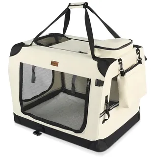 VOUNOT® Hundebox faltbar, Transportbox Katze Hunde, Hundetasche, Oxford-Gewebe, Netzstoff, Atmungsaktiv, Transportabel, Metallrahmen, mit Griffen, Taschen, 50x35x36cm S, Beige