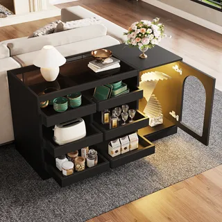 Flieks Sideboard mit LED-Beleuchtung, Anrichte mit offenem Stauraum, schlichte moderne Kommode für Wohnzimmer Esszimmer Flur, schwarz - Schwarz