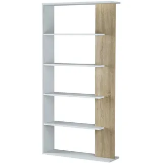 VS Venta-stock Regal Lugo Weiß/Eiche 5 Fächer , Holzwerkstoff , 90x180x25 cm , Wohnzimmer, Regale, Bücherregale