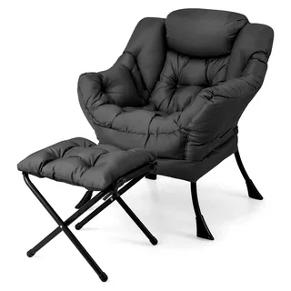 Relaxsessel mit Hocker, Loungesessel mit Fußstütze, Kopfstütze und Armlehnen, Fernsehsessel mit Seitentasche, bis 150 kg belastbar, Sessel für Wohnzimmer, Schlafzimmer und Büro (Grau)