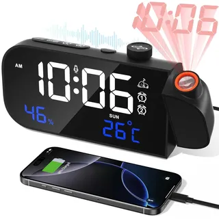 MOSUO Wecker mit Projektion, Radiowecker mit Temperatur und Luftfeuchtigkeit, Digital Projektionswecker, Lauter Digitaler Wecker für Schlafzimmer, mit 2 Weckzeiten, Sprachaktiviert, Dimmer, 7 Musik