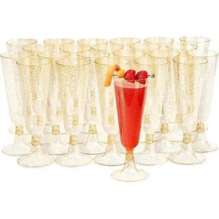 MATANA 24 Premium Sektgläser Plastik mit Goldglitter, 150ml - Sektgläser Kunststoff, Sektflöten, Champagner Gläser, Cocktailgläser, Weingläser für Hochzeiten, Partys - Stabil & Mehrweg