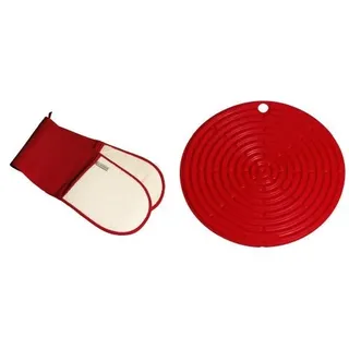 Le Creuset Doppelhandschuh Klassik kirschrot & Le Creuset Silikon-Accessoires Topflappen rund kirschrot