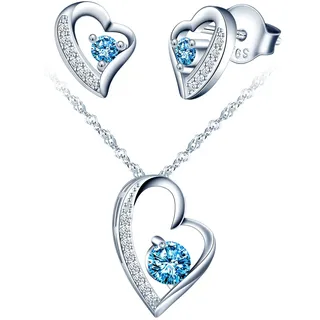 Yumilok Schmuckset Damen 925 Sterling Silber Halskette & Ohrringe Set, Herz Anhänger mit 45cm Kette & Ohrstecker mit blau Zirkonia für Mädchen