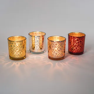 Teelicht-Gläser Set aus Glas inkl. Teelichter - Kleine edle Teelicht Kerzen-Halter mit Verzierungen - Windlichter Kerzenglas - Geschenk Dekoration für Hochzeit, Geburtstag, Weihnachten (Mix 4er Set)