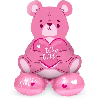 Folat 65861 Luftballons Bär Madchen Rosa 61 cm - Stehender Ballon, süßes Ballon-Set, Baby Girl Luftballon, Folienluftballon für Babyparty, Geburt, Kindergeburtstag, Geschenk-Deko