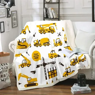 Bagger Jungen Überwurfdecke Ausrüstung LKW Bettdecke Bautraktor Fahrzeug Plüschdecke für Kinder Warme Fuzzy-Decke Kinderauto-Themenzimmer Gelb, 130 x 150