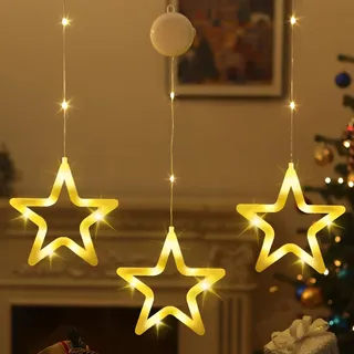 Lewondr LED Sterne Weihnachtsbeleuchtung,3 Stück Weihnachtsdeko Fenster Licht mit Saugnäpfe, Timer,Batteriebetrieben,Fenster Lichterkette Innen für Weihnachten Deko,Balkon,Party,Hochzeit,Warmes Licht