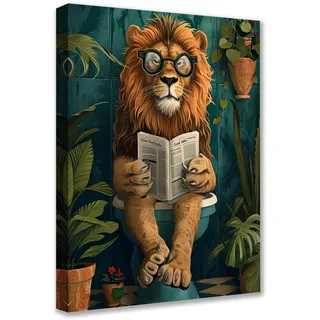 Tucocoo Lustiger Löwe auf Toiletten-Leinwand-Wandkunst Tier liest Zeitung Bild 1P Tropische Pflanzen Poster Drucke Süße Moderne Kunst für Wohnzimmer Schlafzimmer Heimdekoration Gerahmt