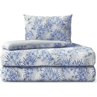 Bettwäsche Baumwolle Market, Sets 2 Teilig, Bettwäsche Baumwolle, Bettbezug 135x200 cm und 1 Kissenbezug 80x80 cm, Weiß und Blau, Palmen - Weiß