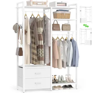 iSunirm Offener Kleiderschrank in Weiß, Kleiderständer mit 2 Schubladen & 2 Kleiderstangen, Moderne Garderobe Metall für Schlafzimmer, Stabiler Garderobenschrank Wendbar, 115 x 40 x 200 cm
