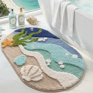 DEXI Ovale Badezimmerteppich 54 x 86 cm, Badematte rutschfest Absorbierende mit Seestern-Strand Muster, Cartoon waschbarer Badteppich für Duschboden, Schlafzimmer, Kinderzimmer, Beige Grün