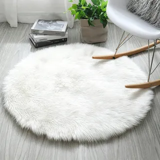 HARESLE Weiß Rund Teppich 60cm Hochflor Flauschig Kunstfell Teppiche | Waschbar, Hochflor 6 cm, Kunstwildleder, Rutschfeste, für Wohnzimmer, Schlafzimmer, Kinderzimmer, Babyzimmer