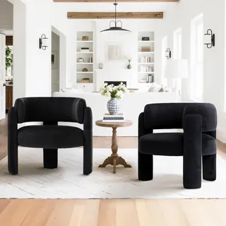 COLAMY Modern Velvet Ohrensessel 2er Set, Gepolsterter Sessel Wohnzimmer, Bequemer Runder loungesessel mit 3 Beinen für Wohnzimmer, Schlafzimmer, Leseecke, Schwarz