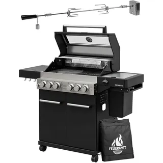Feuergott Gasgrill Hektor 4B-S inkl. Drehspieß und Abdeckhaube mit 4 Brennern, Sear-Brenner, Gusseisen-Grillrost, Heckbrenner, Seitenkocher, Sichtfenster und Thermometer für Garten und Terrasse