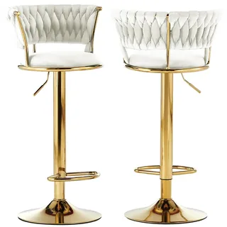 BAKAJI Set mit 2 Küchenhockern mit Samtbezug und geflochtener Rückenlehne und Verstellbarer Höhe, Barstühle, Restaurant, drehbarer Rahmen aus Gold mit Fußstütze, modernes Design (Beige)