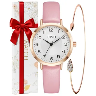 CIVO Damen Uhr Wasserdicht Analog Quarz Lederarmband Armbanduhr Damen Klein Set Minimalistisch Kreative Uhr für Frauen Rosa
