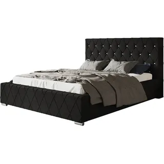 Polsterbett Berlin mit Kopfteil, 180x200 cm, Doppelbett mit Bettkasten und Lattenrost aus Holz, Velourstoff, Farbe: Schwarz - Schwarz