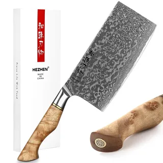 HEZHEN Küche Gemüse Fleischbeil Chinesischer Koch Kochmesser 17.3cm-Metzgermesser 67-Lagig Damaskus Stahl Geschmiedet Scharfe Fleischwolf Messer-rutschfeste Holzgriff + Geschenkbox