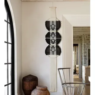 Makramee-Wandbehang, schwarz-weiß, Boho-Stil, Wanddeko fürs Wohnzimmer, rund, handgefertigt, geometrische Linien, 11,8 cm breit x 65 cm lang