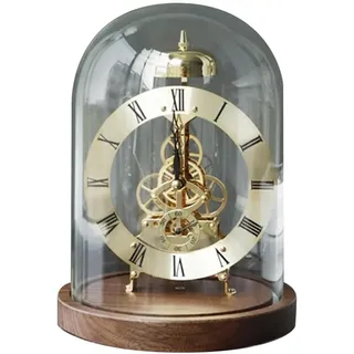 THYXGS Mechanische Vintage-Uhr Mit Glaskuppel, Mechanische Quarzuhr Im Retro-Look, Transparente Tischuhr, Holzsockel, Stündliches Glockenspiel Mit Stummschaltungsoption