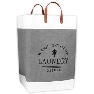 IPEA Eleganter und Faltbarer Wäschekorb von Laundry – 55 cm x 33 cm – Wäschesack aus Stoff mit Griffen aus Leder – für Kleidung, Gegenstände oder Schmutzwäsche – Grau