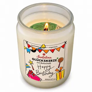 Santalina Geburtstagskerze im Glas mit versteckter Botschaft – XXL 450g Sojawachs Kerze mit Holzdocht – Originelles Geschenk zum Geburtstag für Frauen, Männer & Beste Freundin