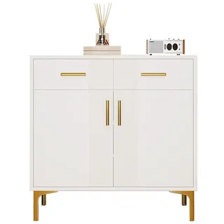 FurnitureR Moderne Sideboard-Kommode mit 2 Türen und 2 Schubladen – Aufbewahrungsschrank mit Metallgriffen und Metallfüßen für Wohnzimmer, Flur oder Esszimmer.Maße: 80cm (B) × 35cm (T) × 79.5cm(H)
