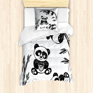 ABAKUHAUS Panda Mantele, Hand gezeichnet Panda Poses, Milbensicher Allergiker geeignet mit Kissenbezügen, 135 cm x 200 cm - 80 x 80 cm, Schwarz-Weiss - Schwarz