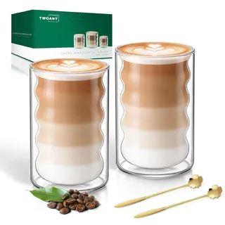 twoant Latte Macchiato Gläser Set (2 x 400ml) Doppelwandige Gläser Doppelwandige Kaffeegläser Teegläser Cappuccino Eiskaffee Thermogläser Doppelwandig Espressotassen Glas mit 2 Löffeln