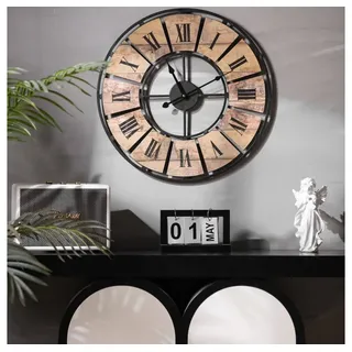 wall-art K&L Wall Art große Vintage Wanduhr Wohnzimmer Metalluhr Palettenholz Wanduhren ohne Tickgeräusche Moderne XL römische Ziffern (Metall Holzoptik, Ø 50 cm Antik Holz)
