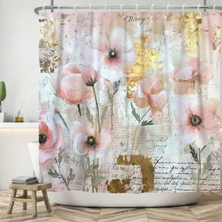 ASDCXZ Vintage Blumen Duschvorhang 180x200 cm, Retro Pink Gold Ölgemälde Weiß Rose Blumen Grün Blätter Bad Waschbar Duschvorhänge Polyester Textil Wasserdicht Duschvorhang für Badewanne mit 12 Haken