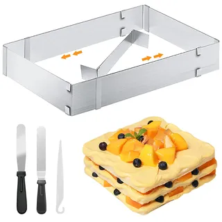 QEEYON Backrahmen Rechteckig Verstellbar,Edelstahl Backrahmen Eckig Verstellbarer, Tortenring Eckig Backblech Backform Rechteckig mit Teiler,Spatel,für Kuchen Torten Pizza Backen Party Dekorieren