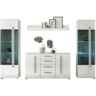 furn.design Wohnwand weiß Hochglanz Schrankwand Sideboard 2x Vitrine 290 cm, Design-D, Soft-Close weiß 290 cm X 200 cm