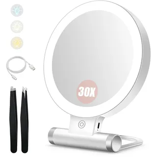 B Beauty Planet Kosmetikspiegel mit Beleuchtung, 30 fache/1-fach Doppelseitige Tischspiegel,3 Farblichter, DimmbarerSchminkspiegel,Reisen Kosmetik Spiegel mit Beleuchtung(Weiß 30x Kosmetikspiegel)
