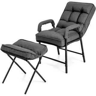 Sessel mit Hocker, Relaxsessel mit Liegefunktion, verstellbarer Rückenlehne, gepolsterter Loungesessel mit Armlehnen für Wohnzimmer und Schlafzimmer (Grau)