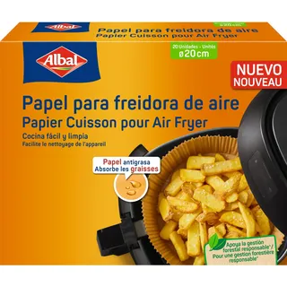 Albal Luftfritteuse Papier 4-8L - Air Fryer-Papier, geeignet für runde und quadratische Fritteusen, Anti-Fett-Airfryer-Schutz, Antihaft und Einweg, 20 cm, 20 Stück