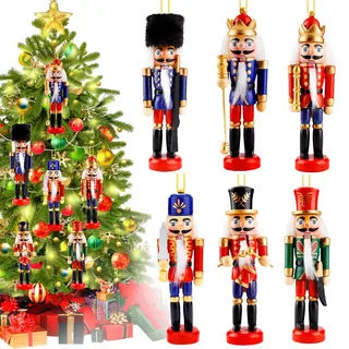 ZZXLOPEZ 6 Stücke Weihnachten Nussknacker, 13cm Hölzerne Soldat Nussknacker Figur Puppe, Baumschmuck für den Weihnachtsbaum - Weihnachtsverzierung Deko Festliches Geschenk Party Liefert Gefälligkeiten