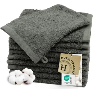 ZOLLNER 10er Set Waschhandschuhe in 17x21 cm - besonders weiche und saugstarke Waschlappen in grau - mit praktischem Aufhänger - waschbar bis 60°C - Baumwolle - Hotelqualität