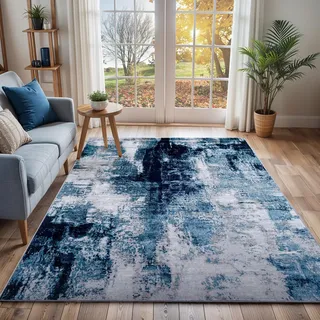 Livabliss Helsinki Wohnzimmer modern – Abstrakt Design in Marmor Optik für Wohnzimmer 160x220 cm, Esszimmer, Schlafzimmer - Marmor e groß, weicher Kurzflor in Blau, Grau und Weiß