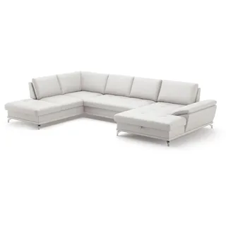 Cavadore Wohnlandschaft Castiel mit Federkern / Sofalandschaft mit großem Longchair, Sitztiefenverstellung und satinierten Metallfüßen / 363 x 89 x 223 / Echtleder, Weiß
