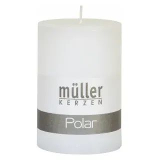 Müller Kerzen Polar Stumpenkerzen 100/68 mm, Raureif-Effekt, Mittelgroße Kerze für eine langanhaltende gemütliche Stimmung im Raum, 1 Packung = 4 Stück, weiss