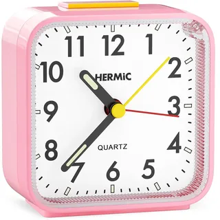 HERMIC Wecker Analog Ohne Ticken, Licht, Batteriebetrieben, Lauter Alarm, Schlummerfunktion, Geräuschlos, Leuchtziffern, Tragbar, Leise, Klein, Reisewecker für Tiefschläfer Rosa